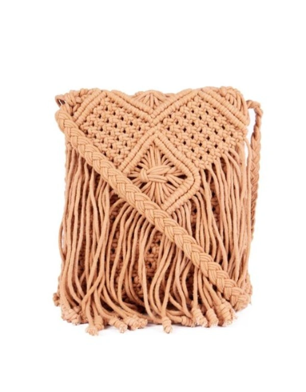 ASTRID Brown Macrame Sling Bag With Flapover Fringes - Free Size, Pink, Macrame, Pack of1